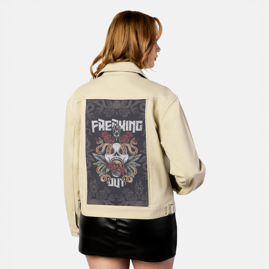 freakingout patch on female atelier canvas jacket in tan