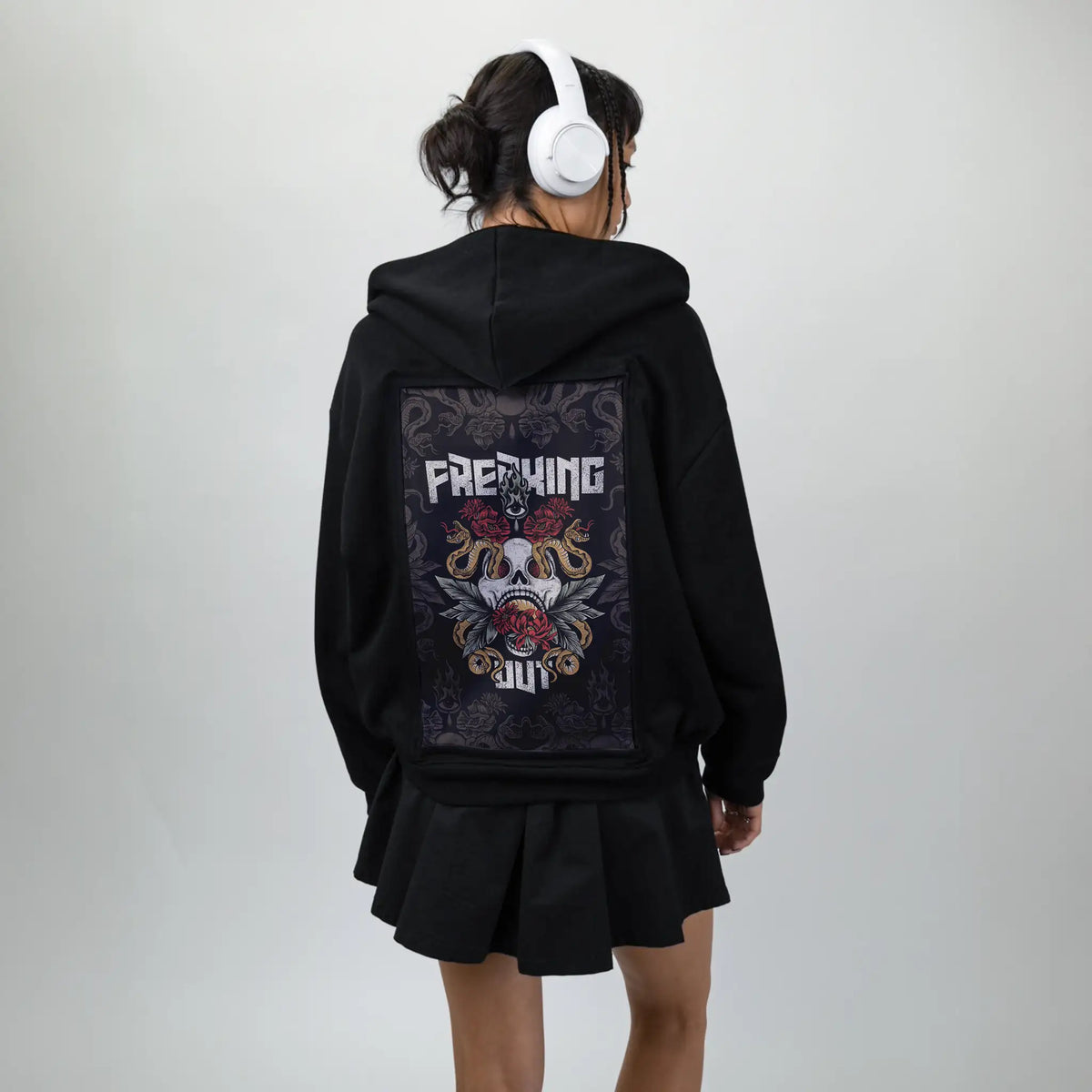 freakingout patch on female essential zip hoodie in after hours