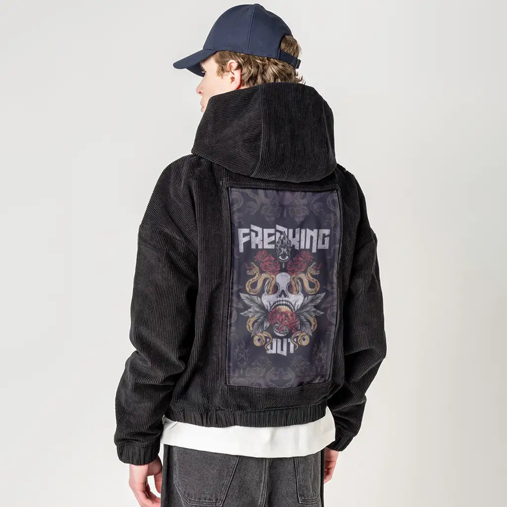 freakingout patch on male retro cord hoodie in onyx