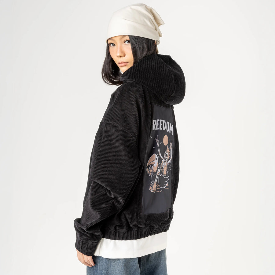freedom patch on female retro cord hoodie in onyx