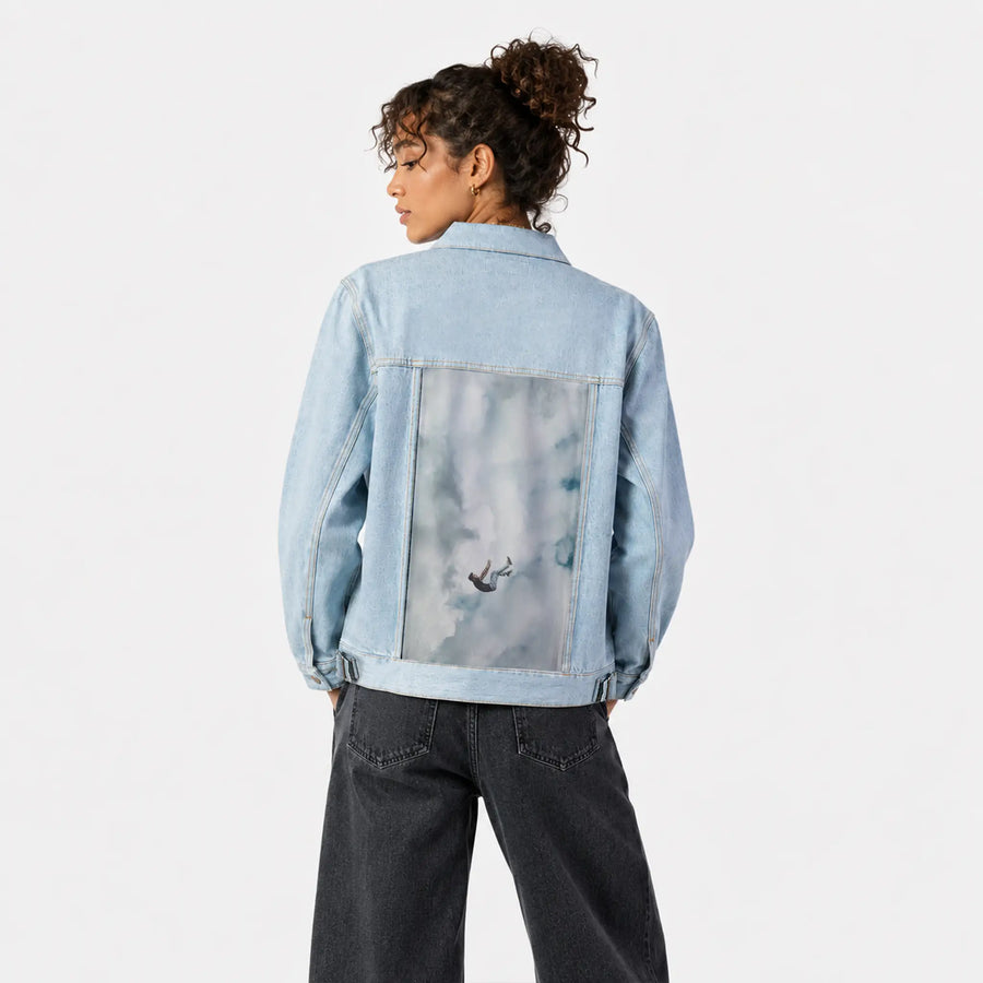 freefall patch on female og denim jacket in oceanside