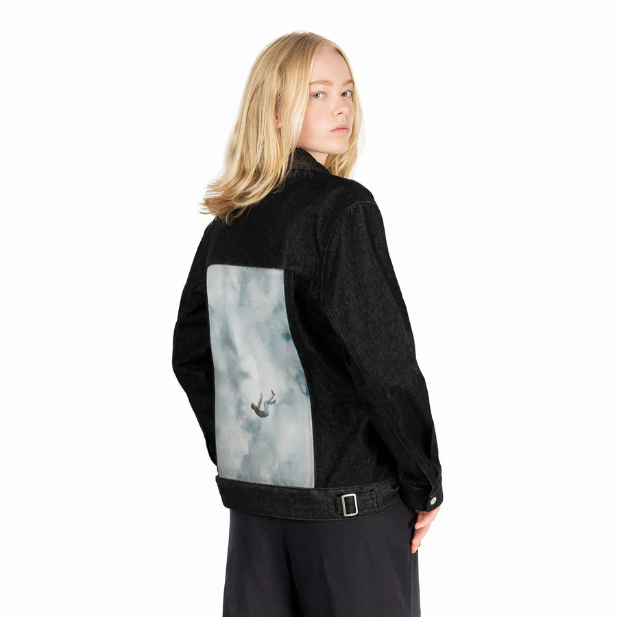 freefall patch on female og denim jacket in raven