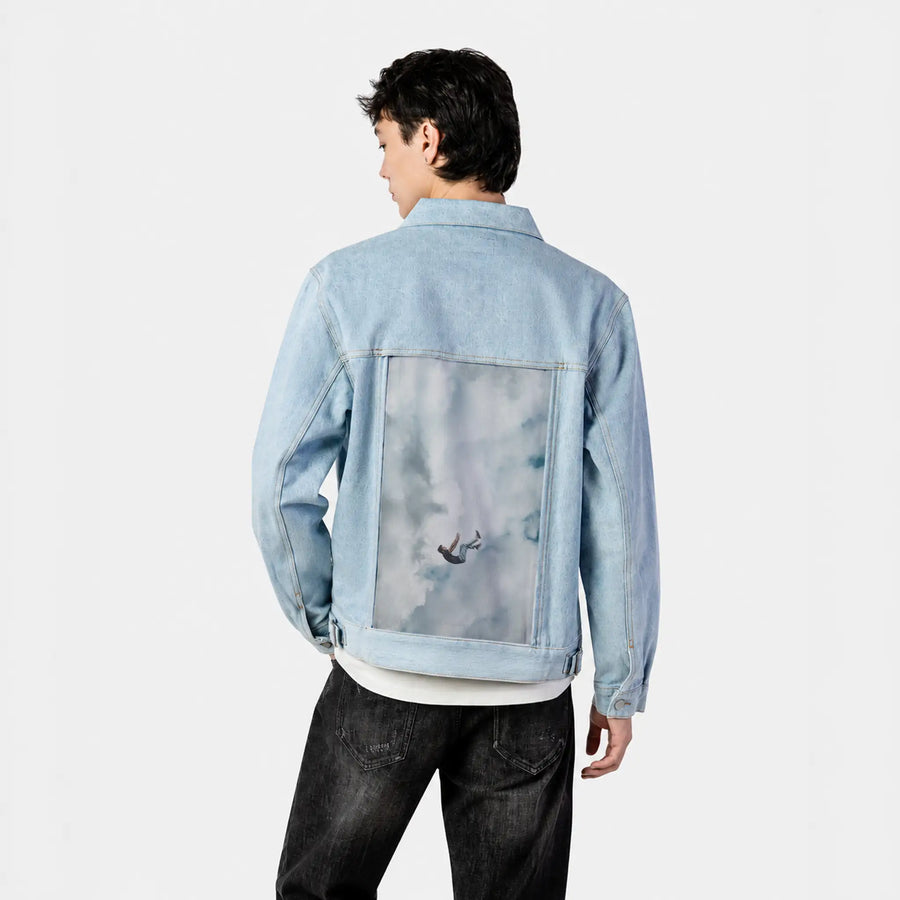 freefall patch on male og denim jacket in oceanside