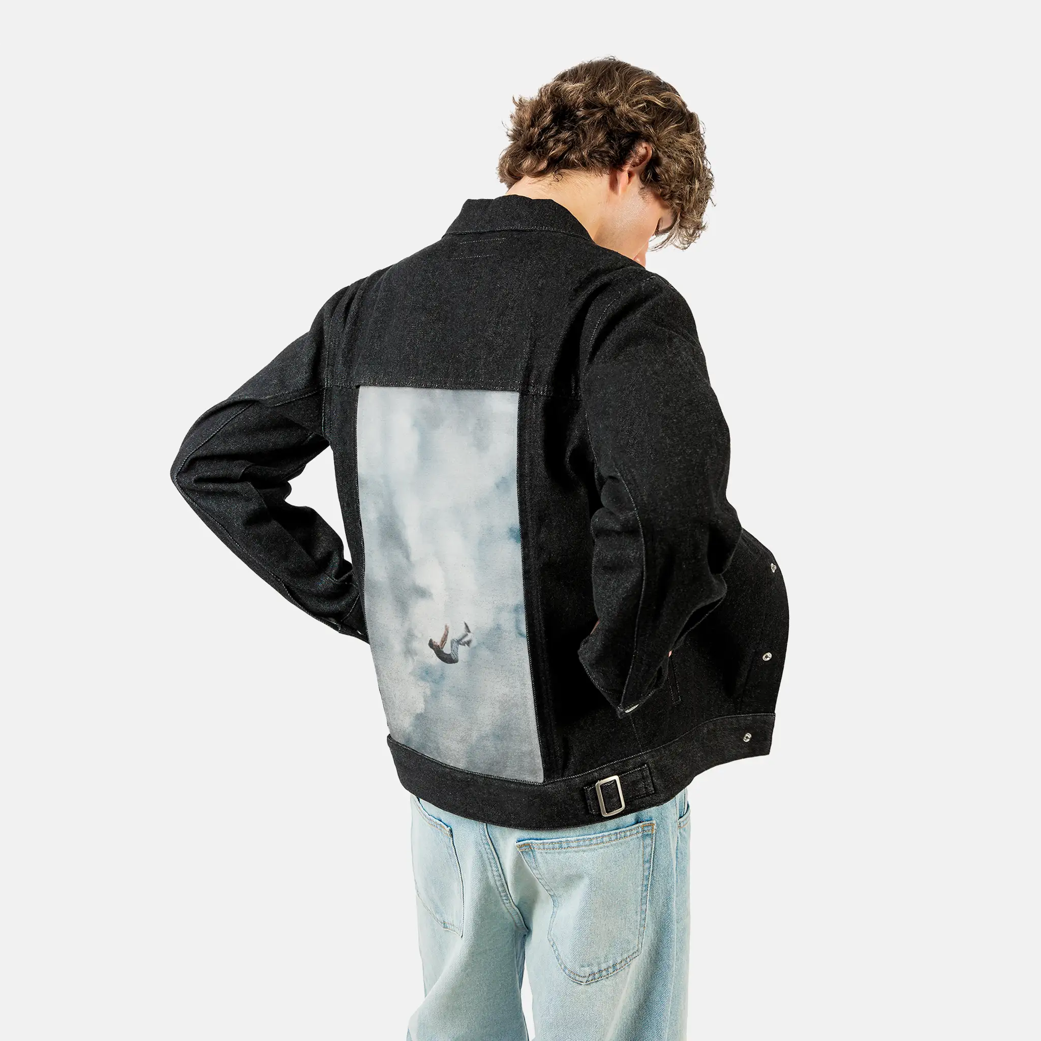 freefall patch on male og denim jacket in raven