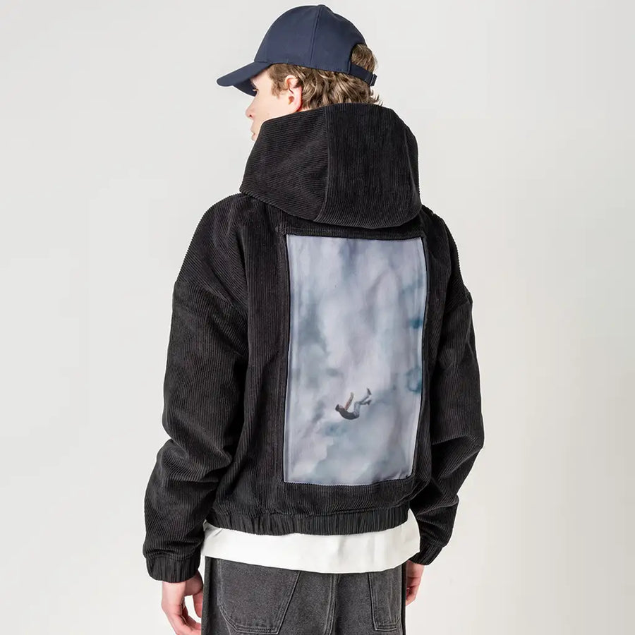 freefall patch on male retro cord hoodie in onyx