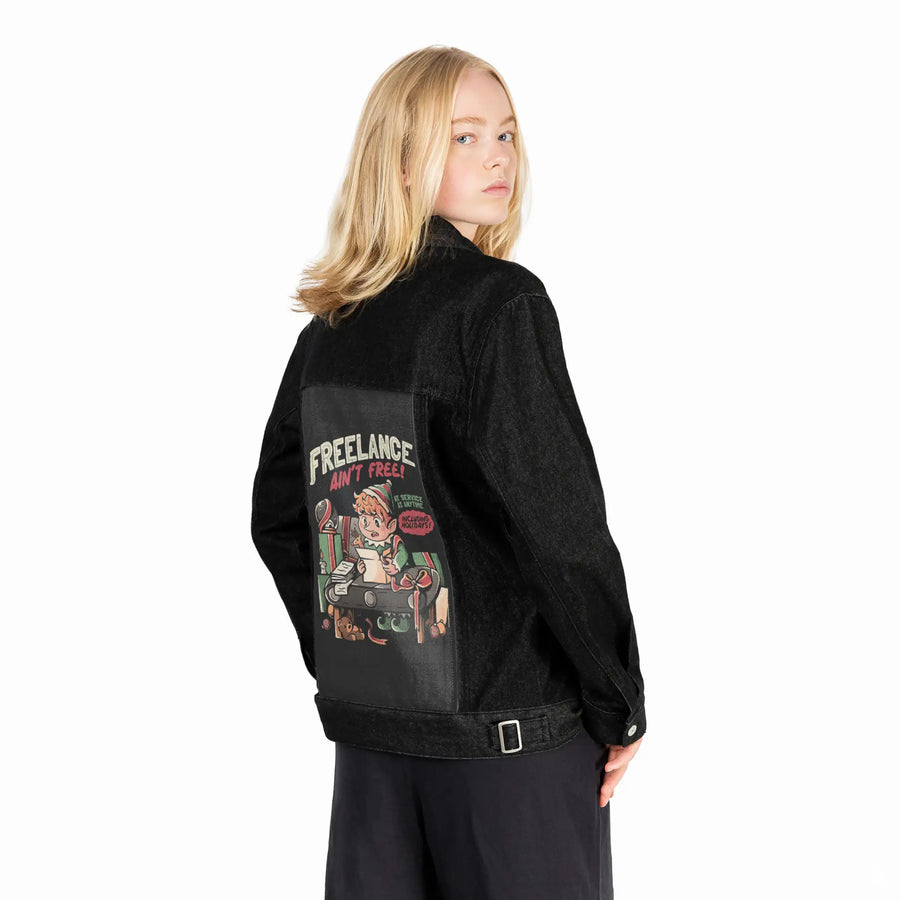 freelanceaintfree patch on female og denim jacket in raven