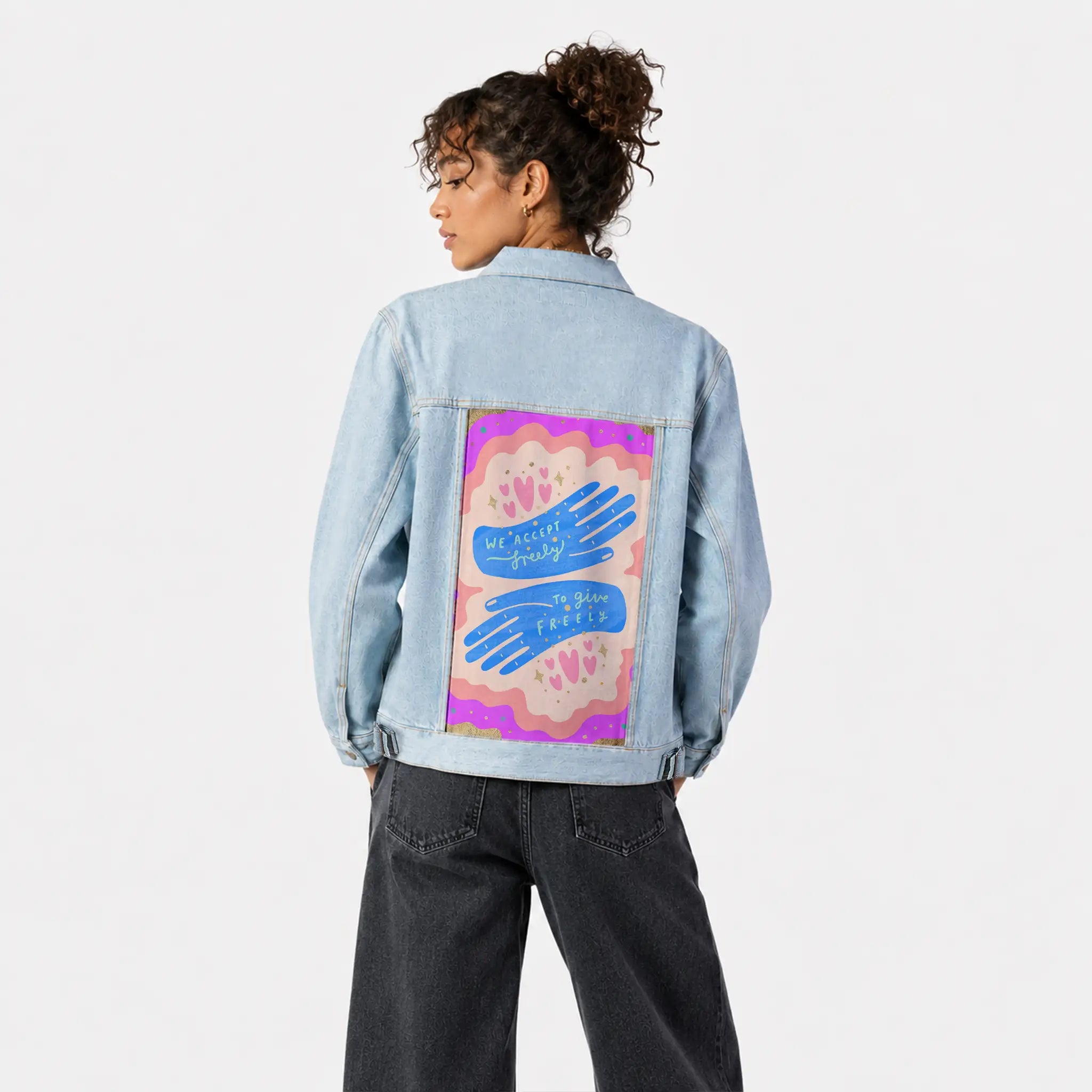 freely patch on female og denim jacket in oceanside