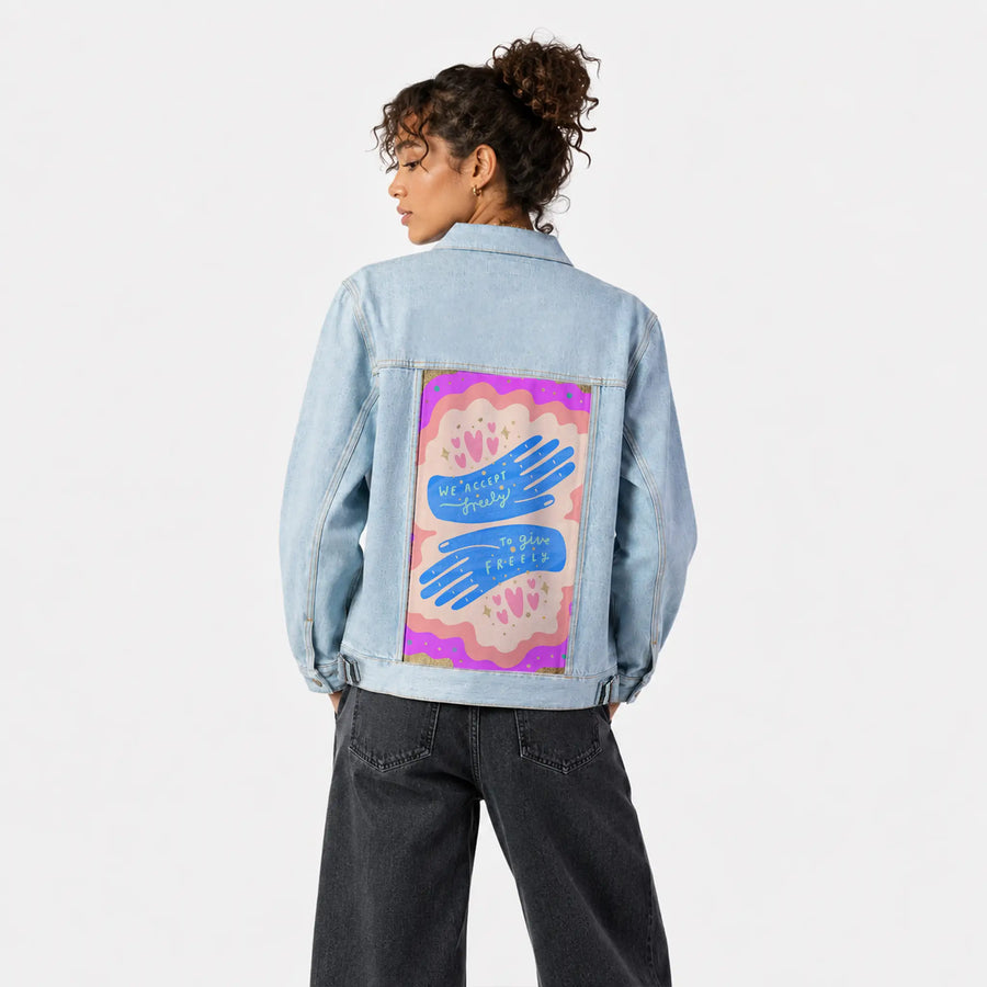 freely patch on female og denim jacket in oceanside