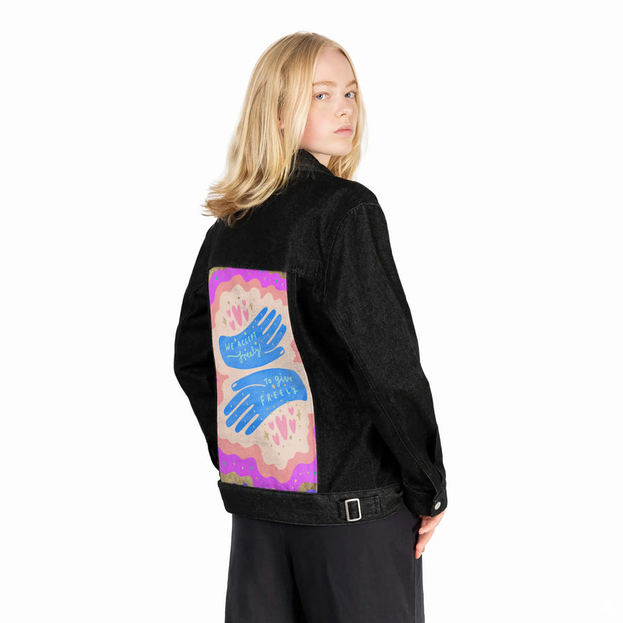 freely patch on female og denim jacket in raven