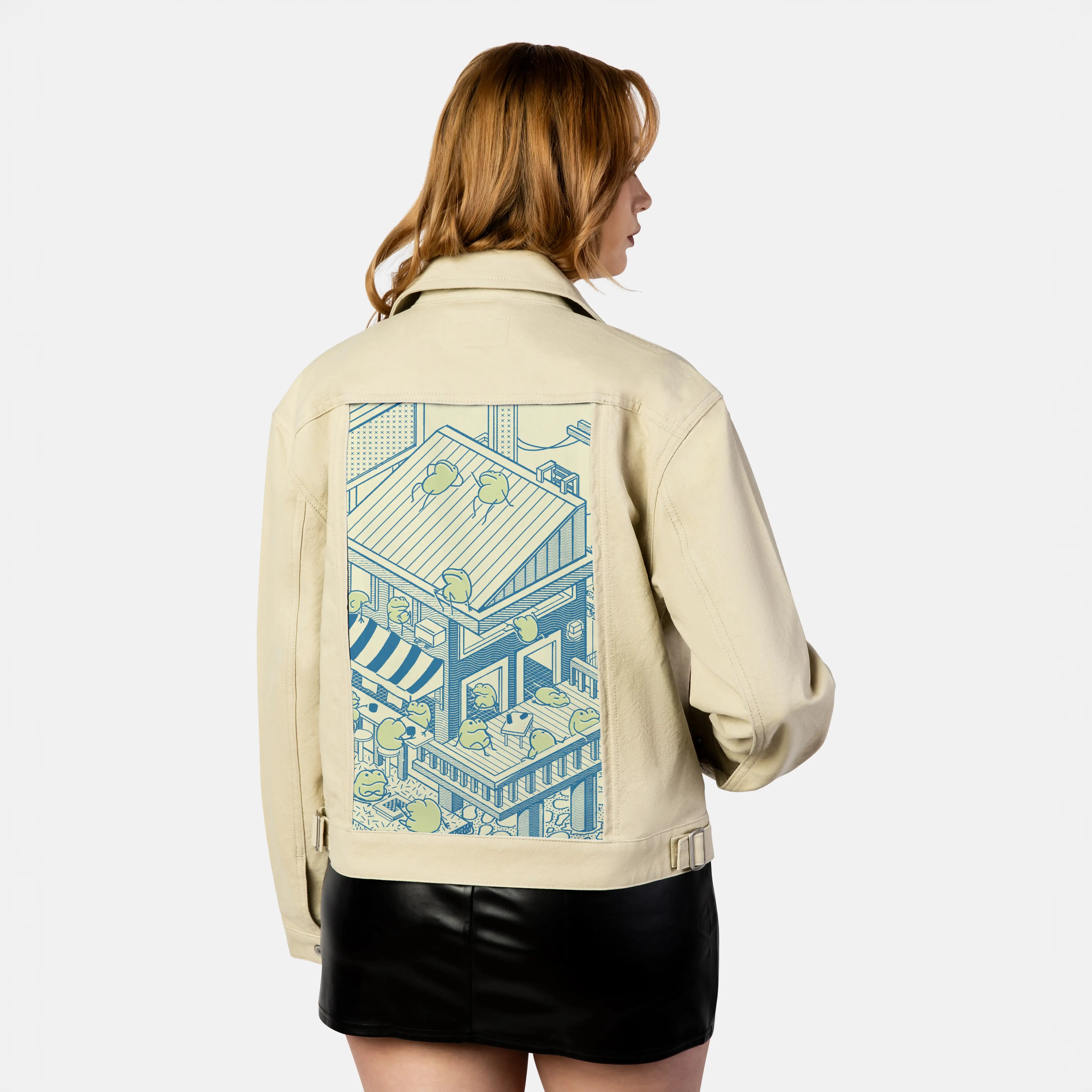 froghotel patch on female atelier canvas jacket in tan