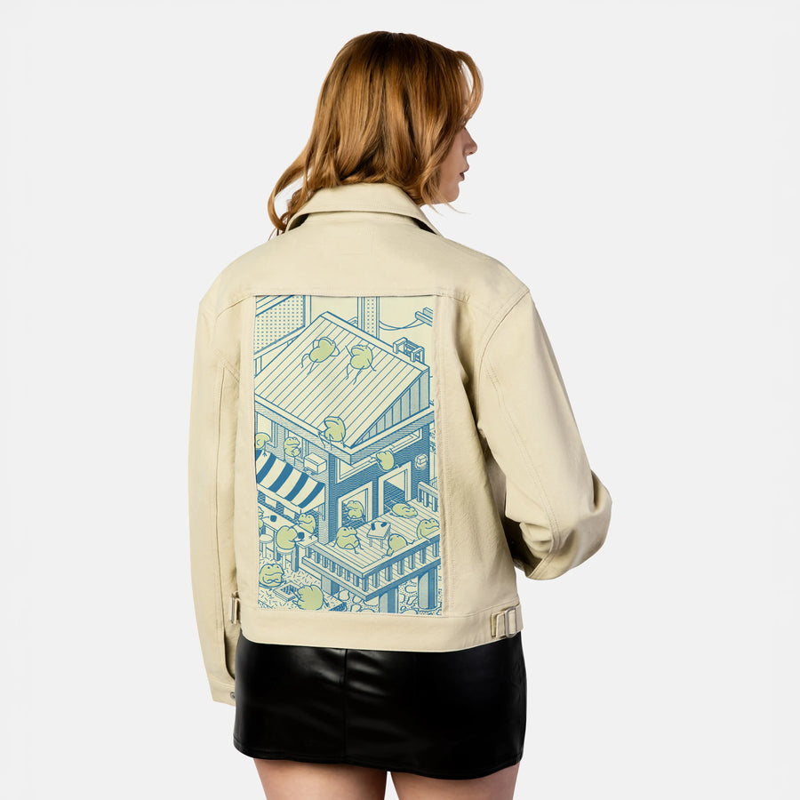 froghotel patch on female atelier canvas jacket in tan
