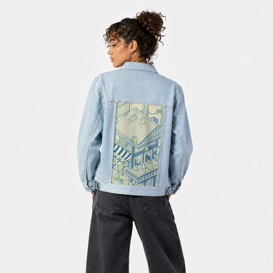 froghotel patch on female og denim jacket in oceanside