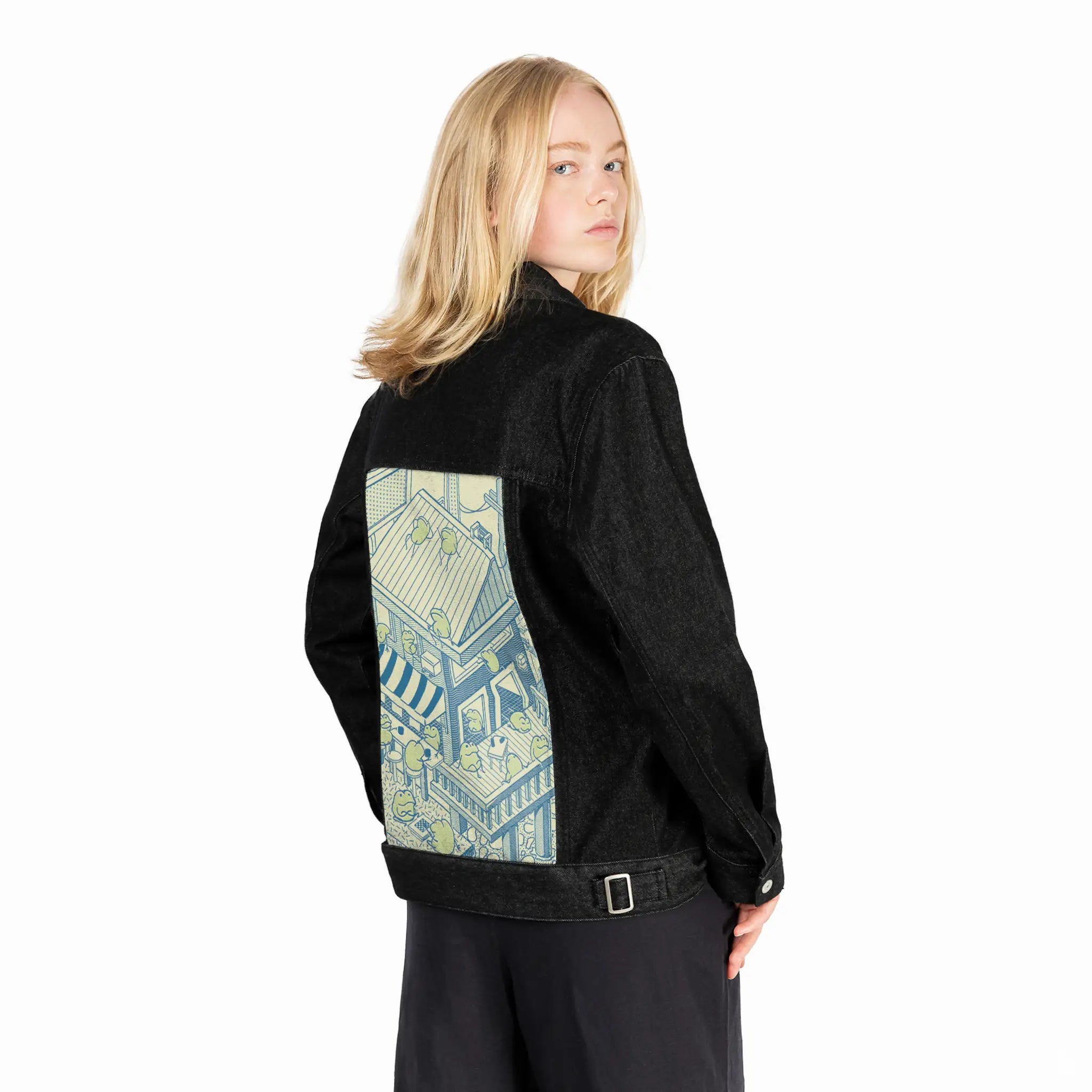 froghotel patch on female og denim jacket in raven