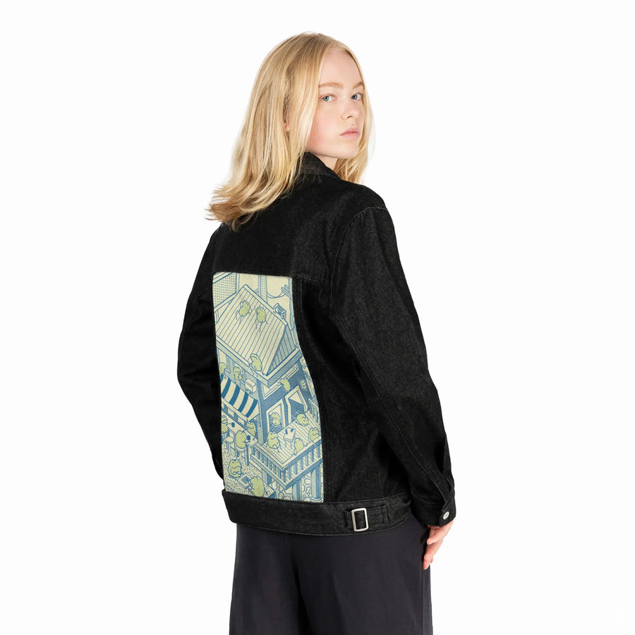 froghotel patch on female og denim jacket in raven