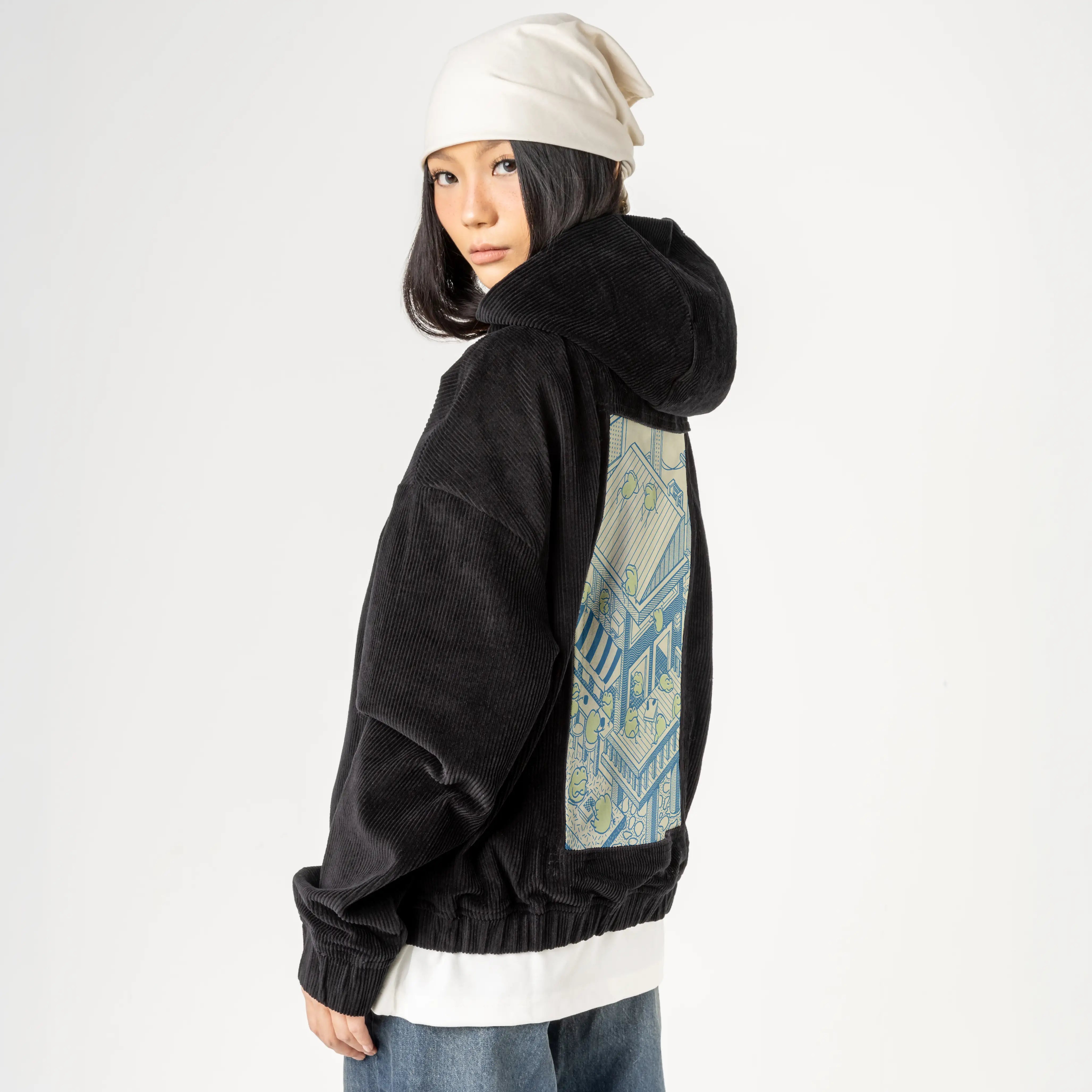 froghotel patch on female retro cord hoodie in onyx