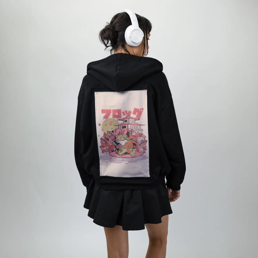 frogthefisher patch on female essential zip hoodie in after hours