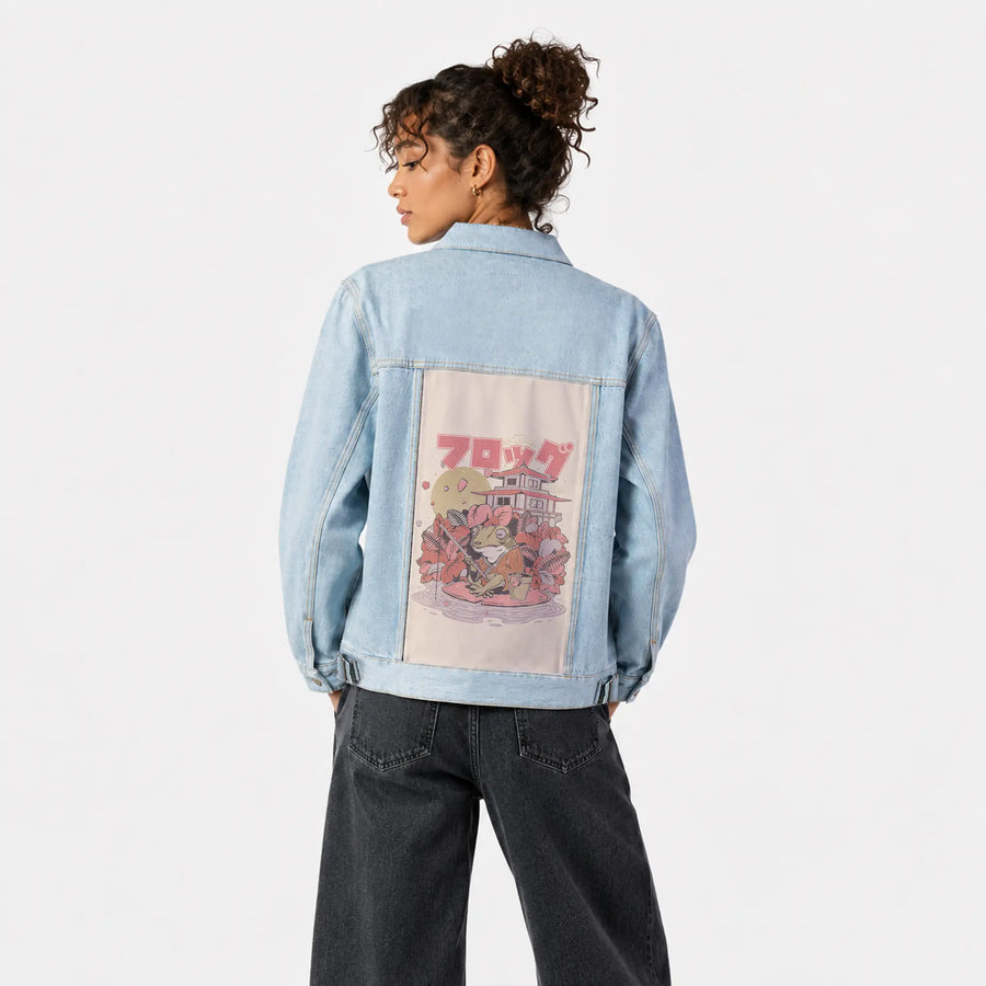 frogthefisher patch on female og denim jacket in oceanside