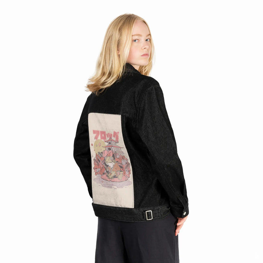 frogthefisher patch on female og denim jacket in raven