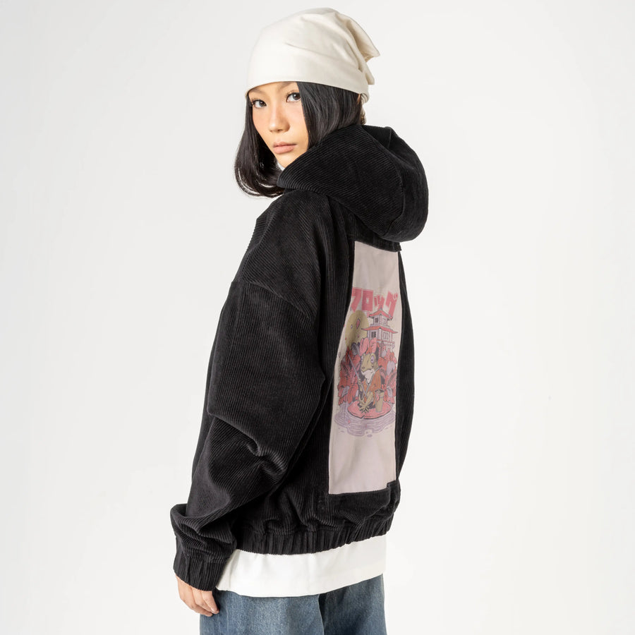 frogthefisher patch on female retro cord hoodie in onyx
