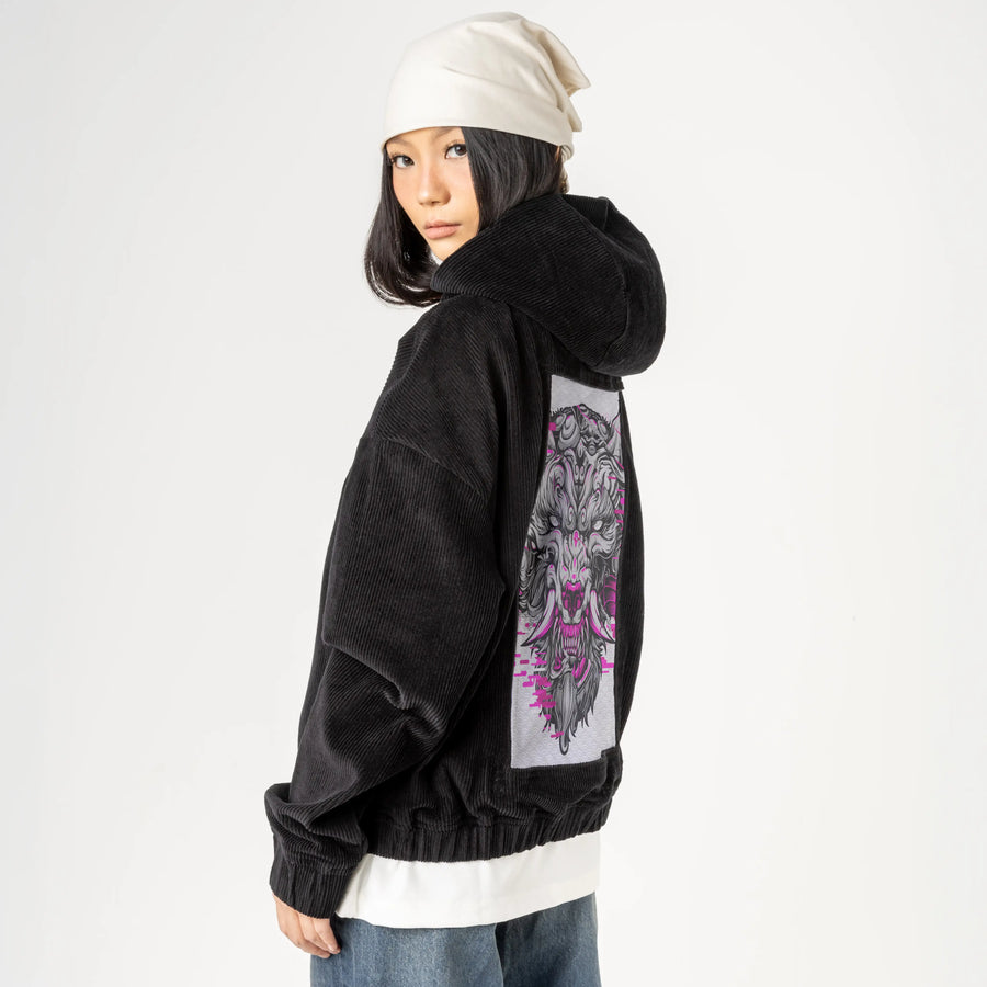 fuchsiafuwolf patch on female retro cord hoodie in onyx