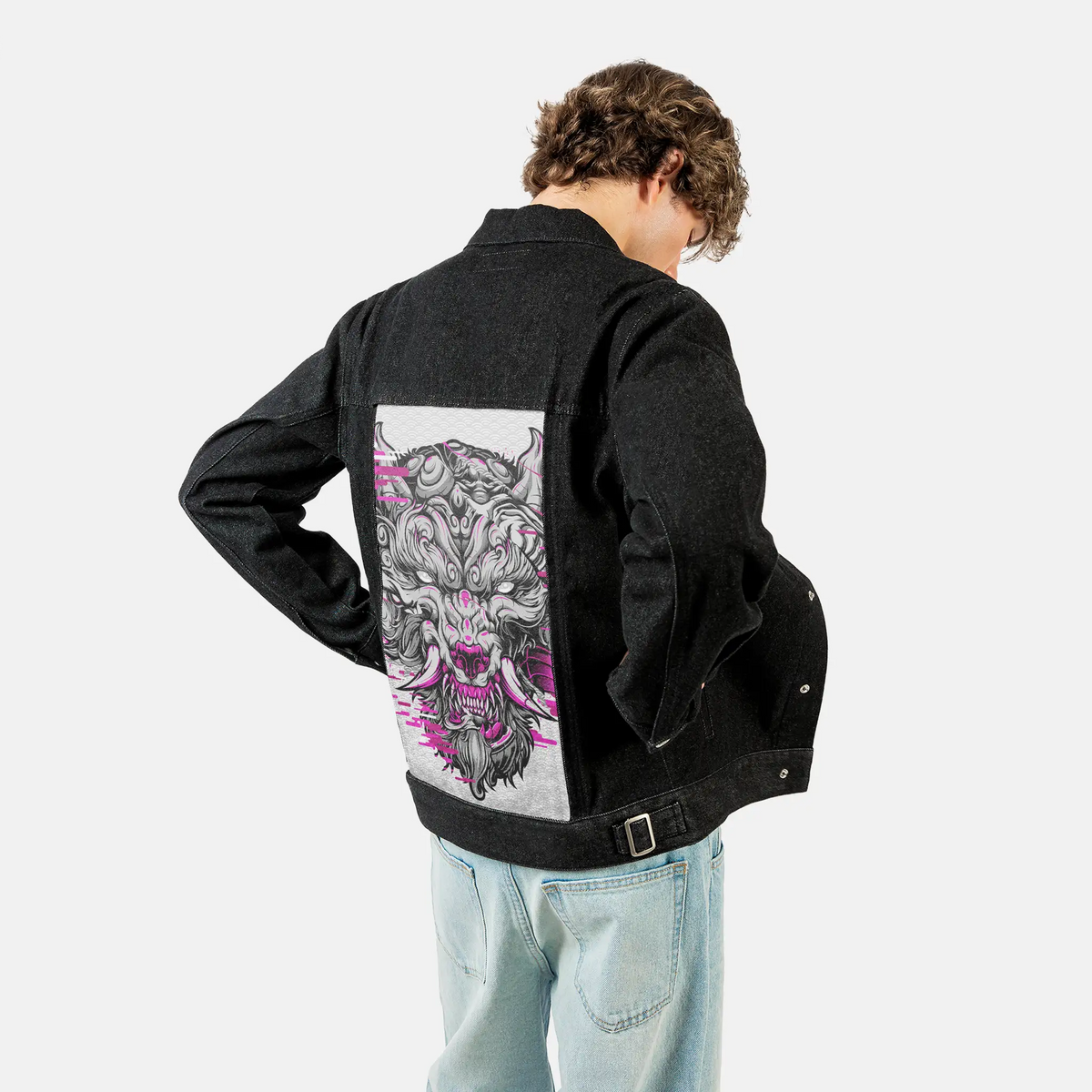 fuchsiafuwolf patch on male og denim jacket in raven