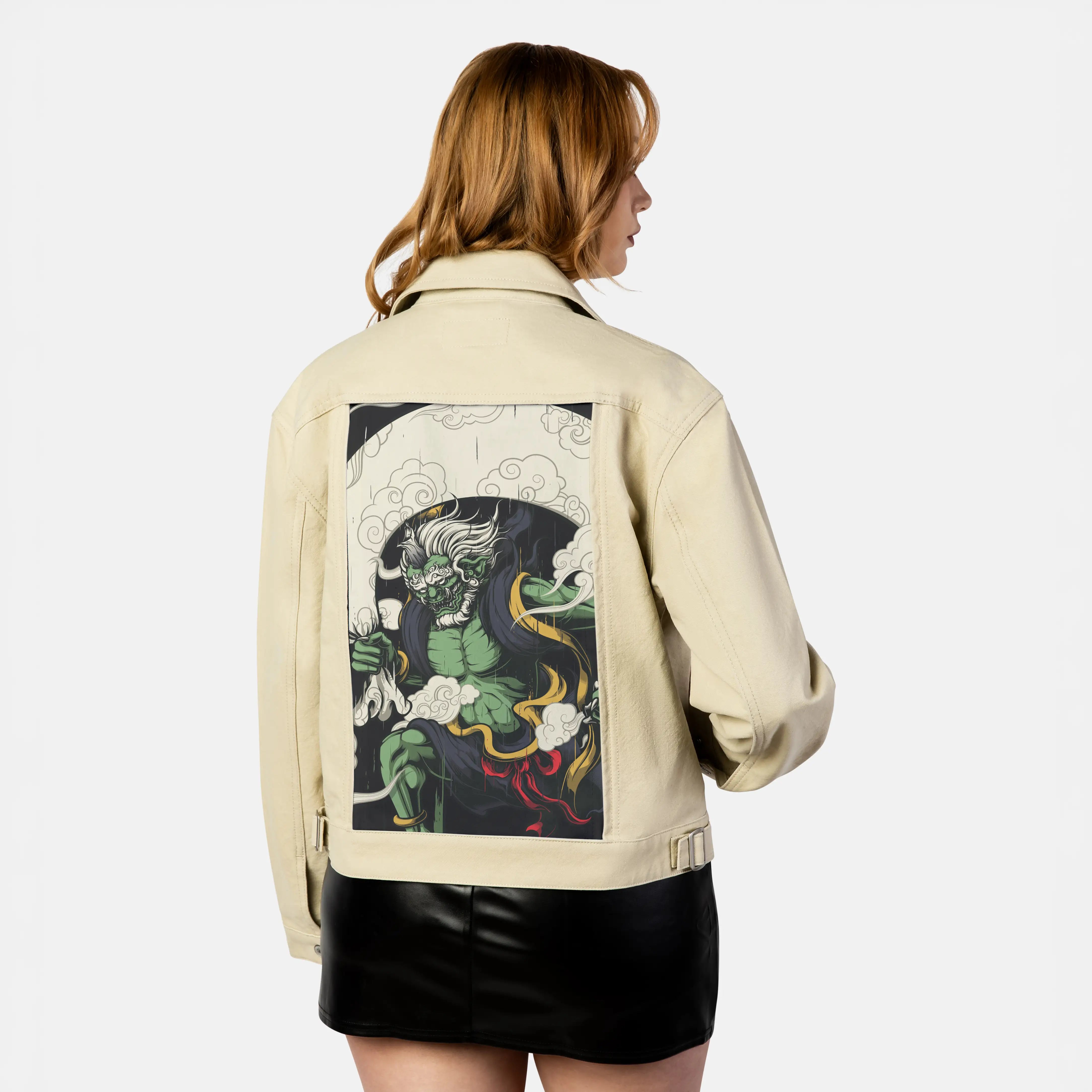 fujin patch on female atelier canvas jacket in tan