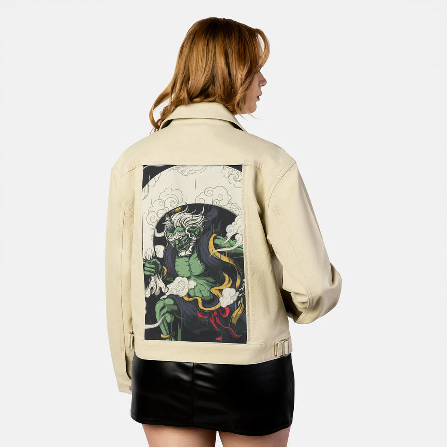 fujin patch on female atelier canvas jacket in tan