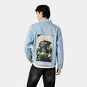 fujin patch on male og denim jacket in oceanside