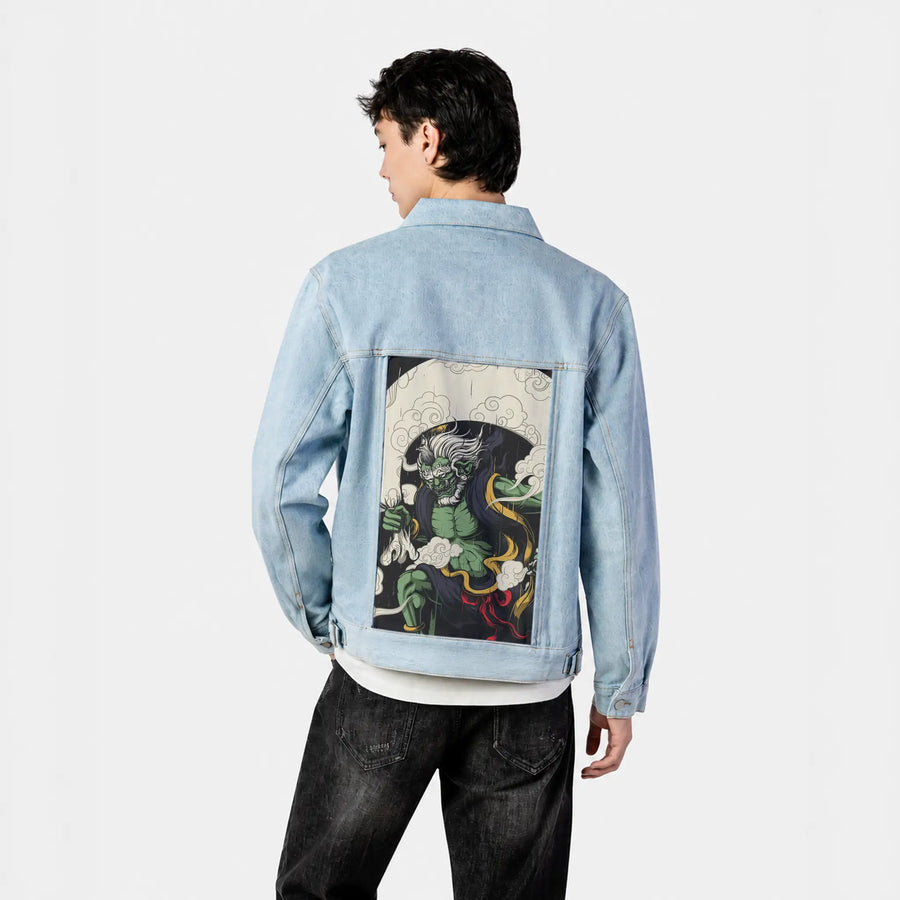 fujin patch on male og denim jacket in oceanside