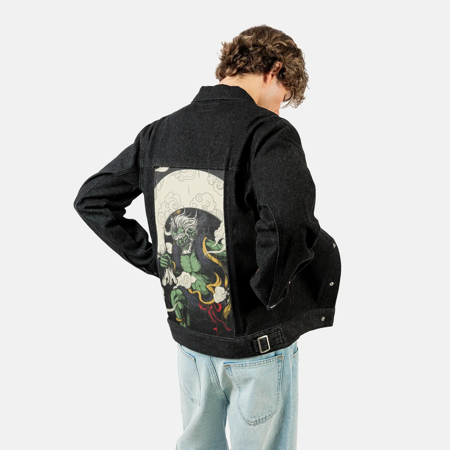 fujin patch on male og denim jacket in raven