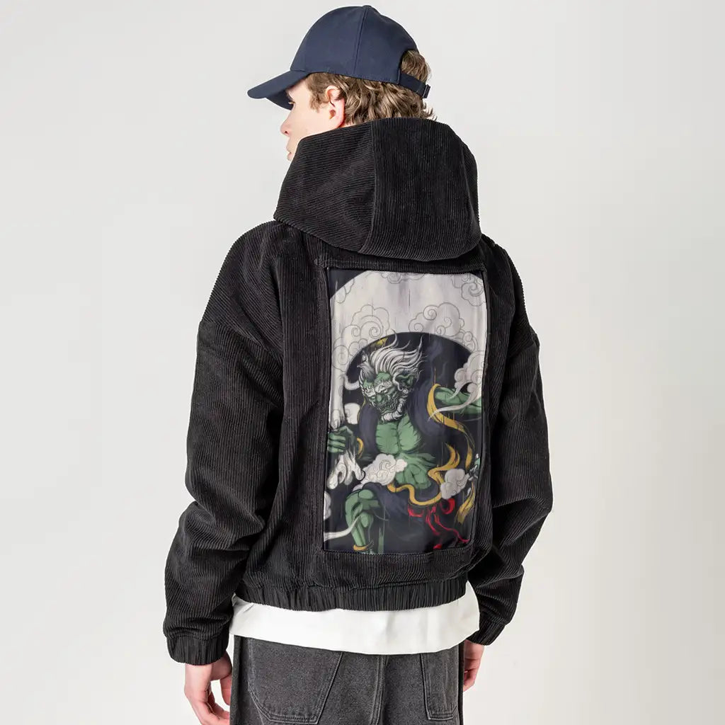fujin patch on male retro cord hoodie in onyx