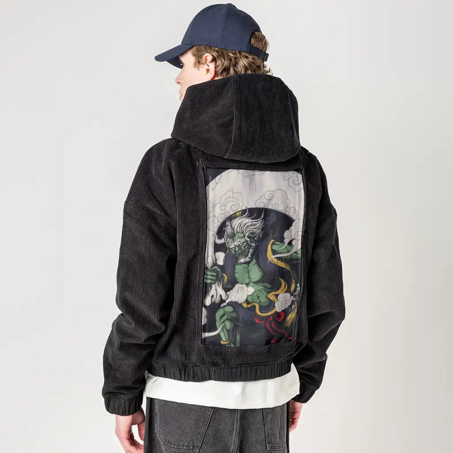 fujin patch on male retro cord hoodie in onyx