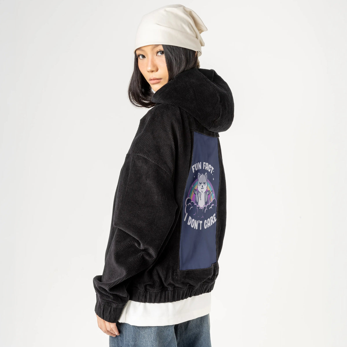 funfact patch on female retro cord hoodie in onyx