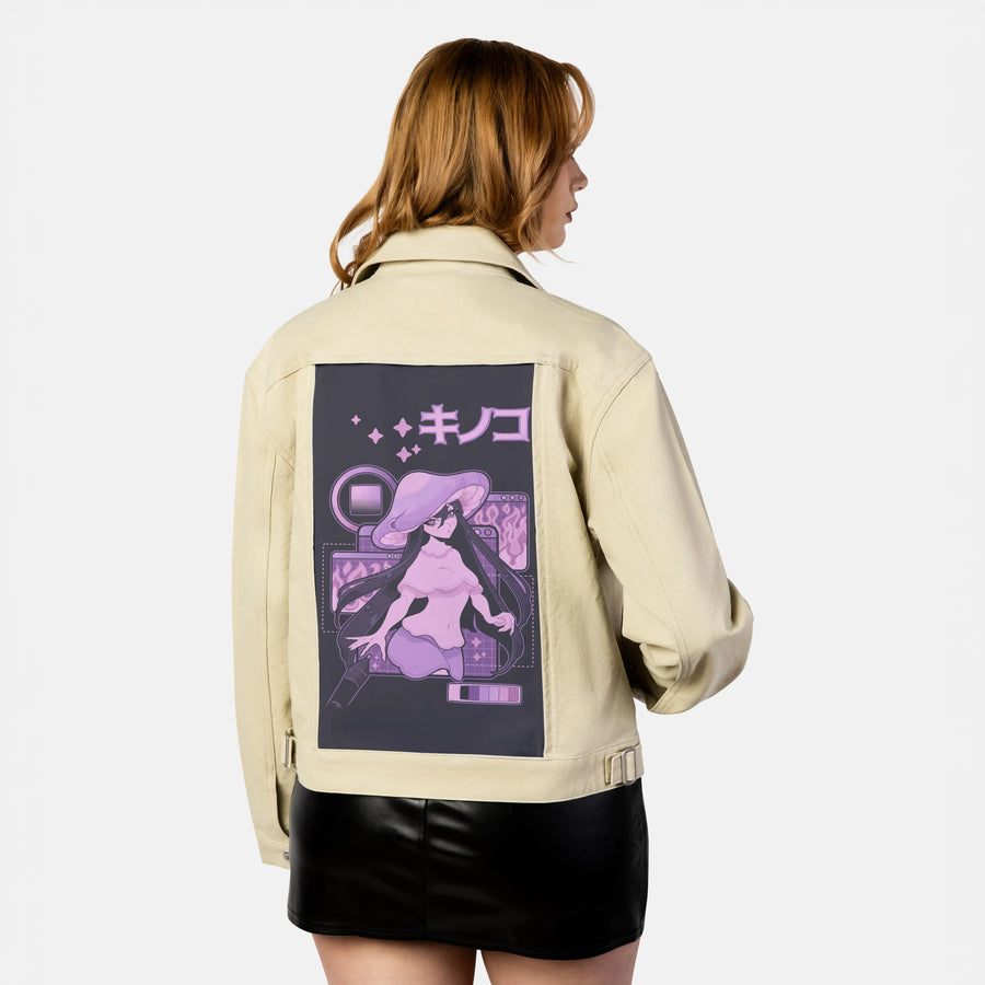 fungigirl patch on female atelier canvas jacket in tan