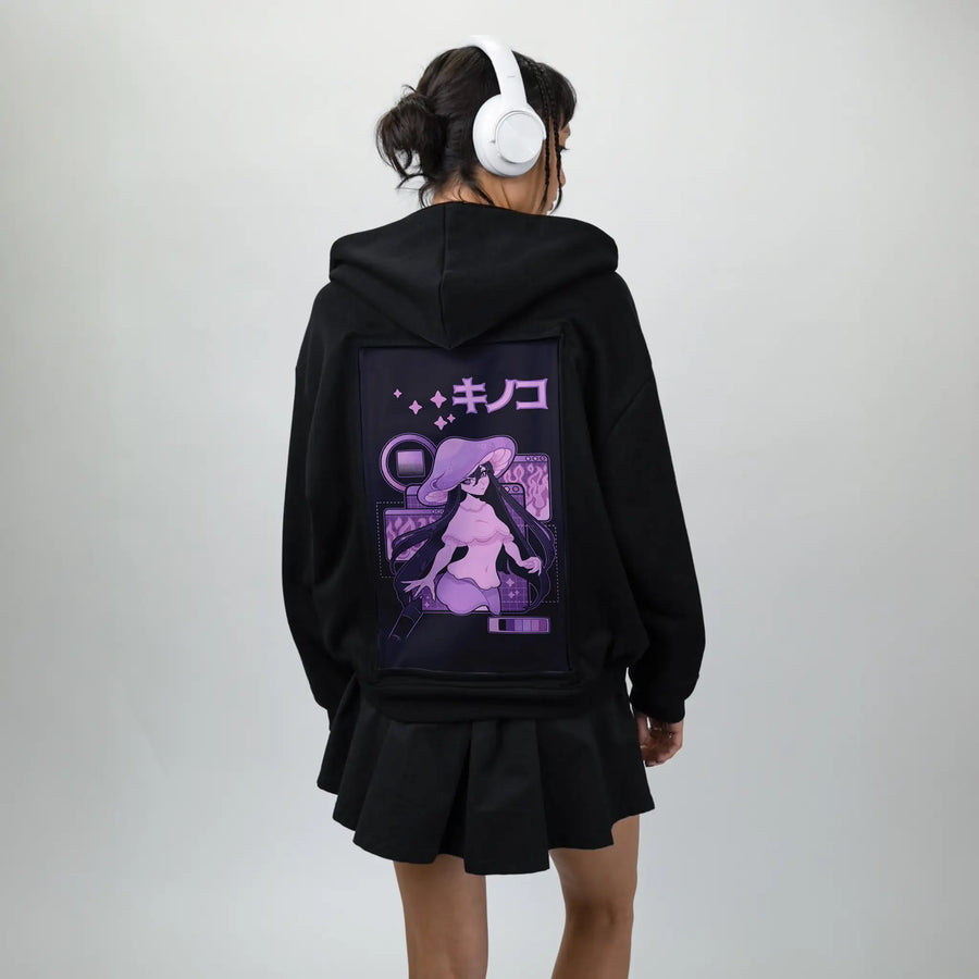 fungigirl patch on female essential zip hoodie in after hours