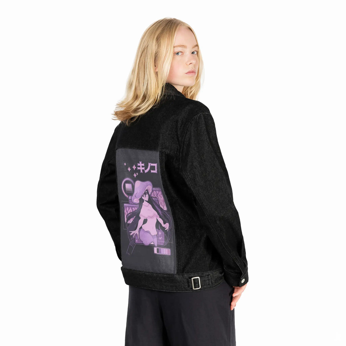 fungigirl patch on female og denim jacket in raven