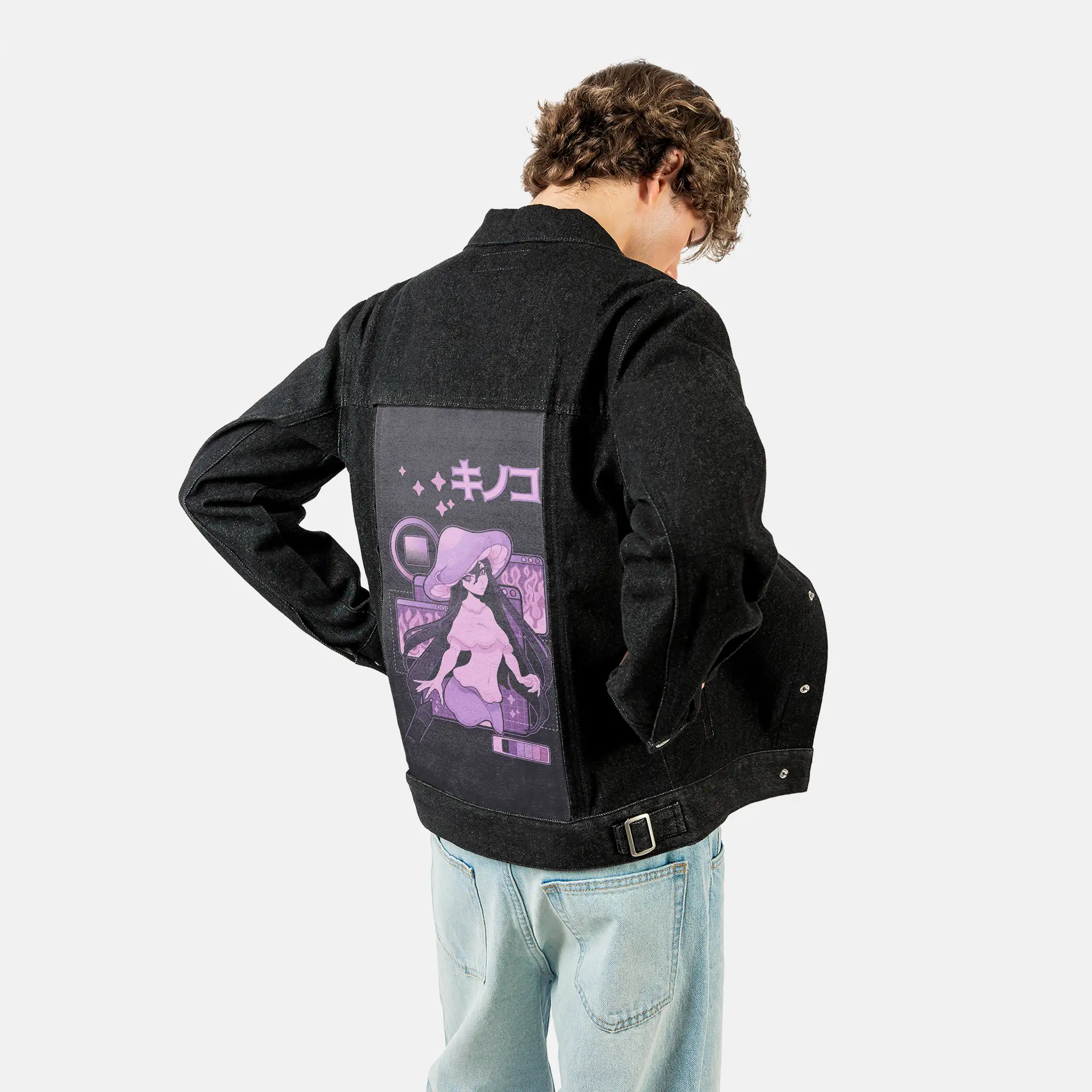 fungigirl patch on male og denim jacket in raven