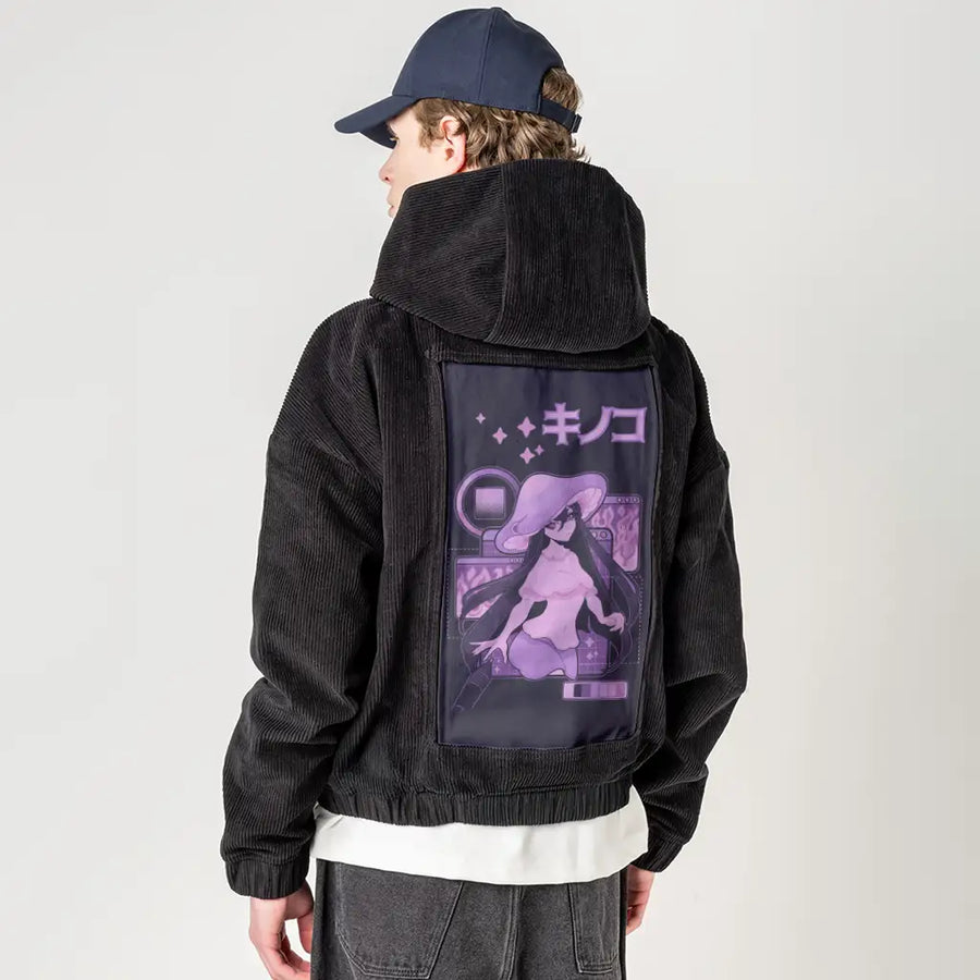 fungigirl patch on male retro cord hoodie in onyx