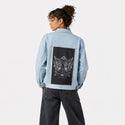 furrymetamorphosis patch on female og denim jacket in oceanside