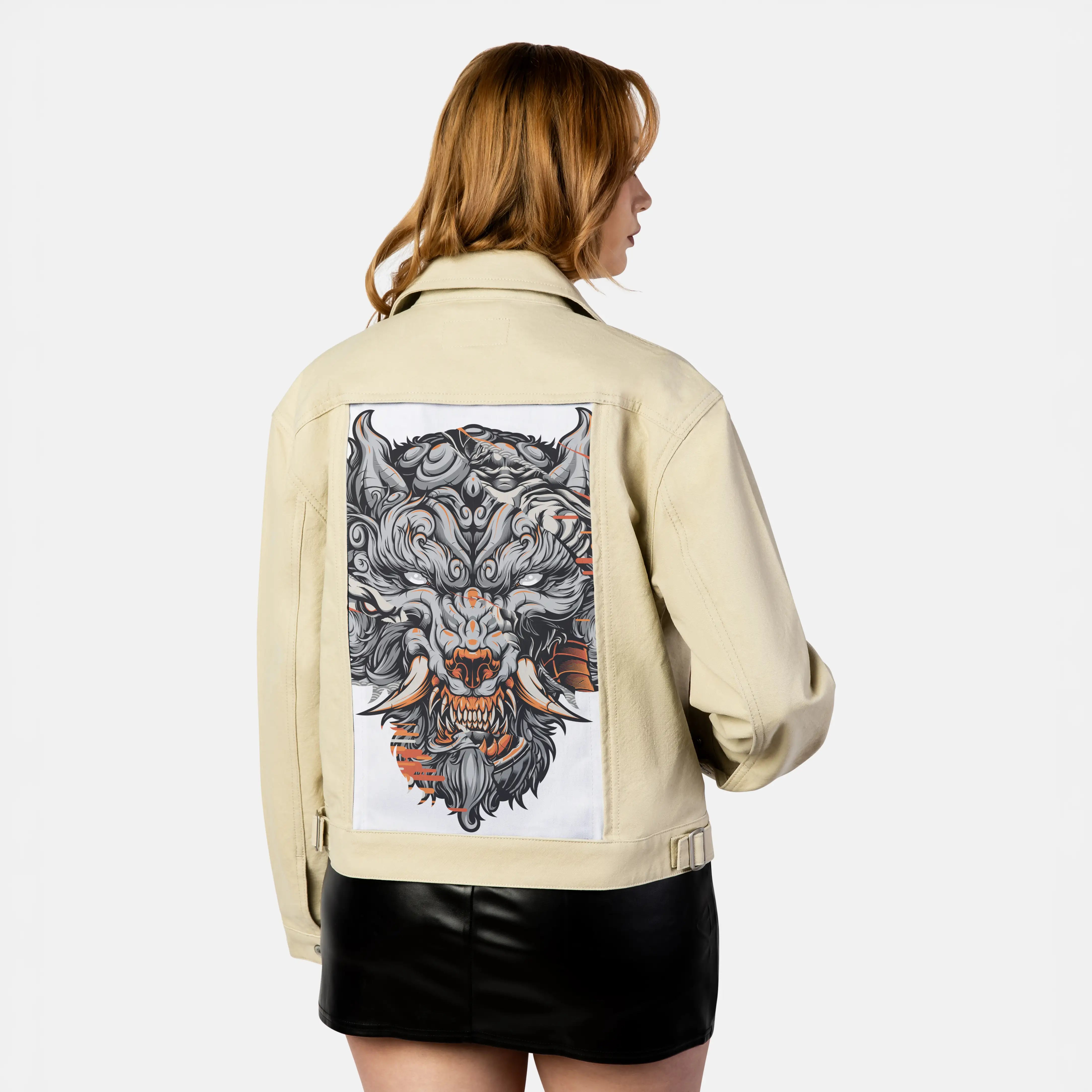 fuwolf patch on female atelier canvas jacket in tan