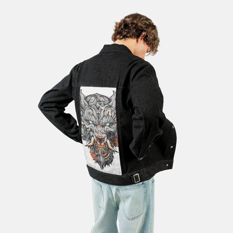 fuwolf patch on male og denim jacket in raven