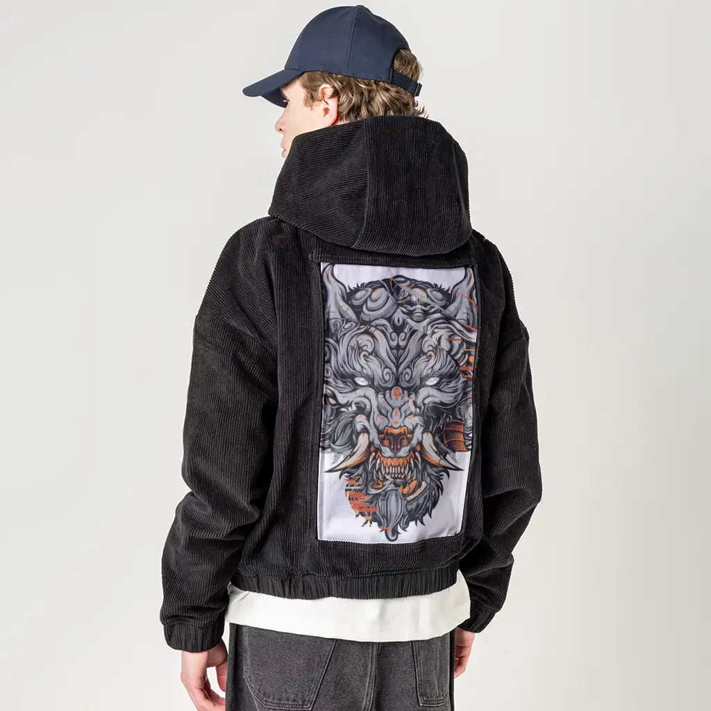 fuwolf patch on male retro cord hoodie in onyx