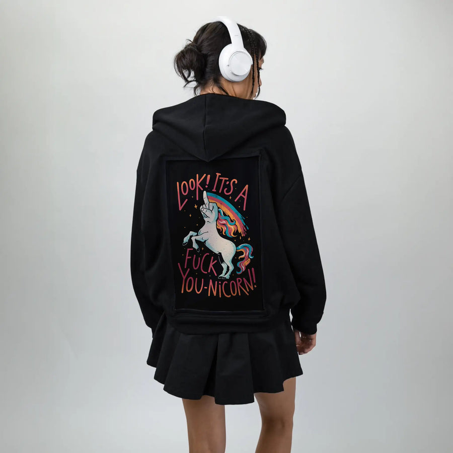 fyouunicorn patch on female essential zip hoodie in after hours