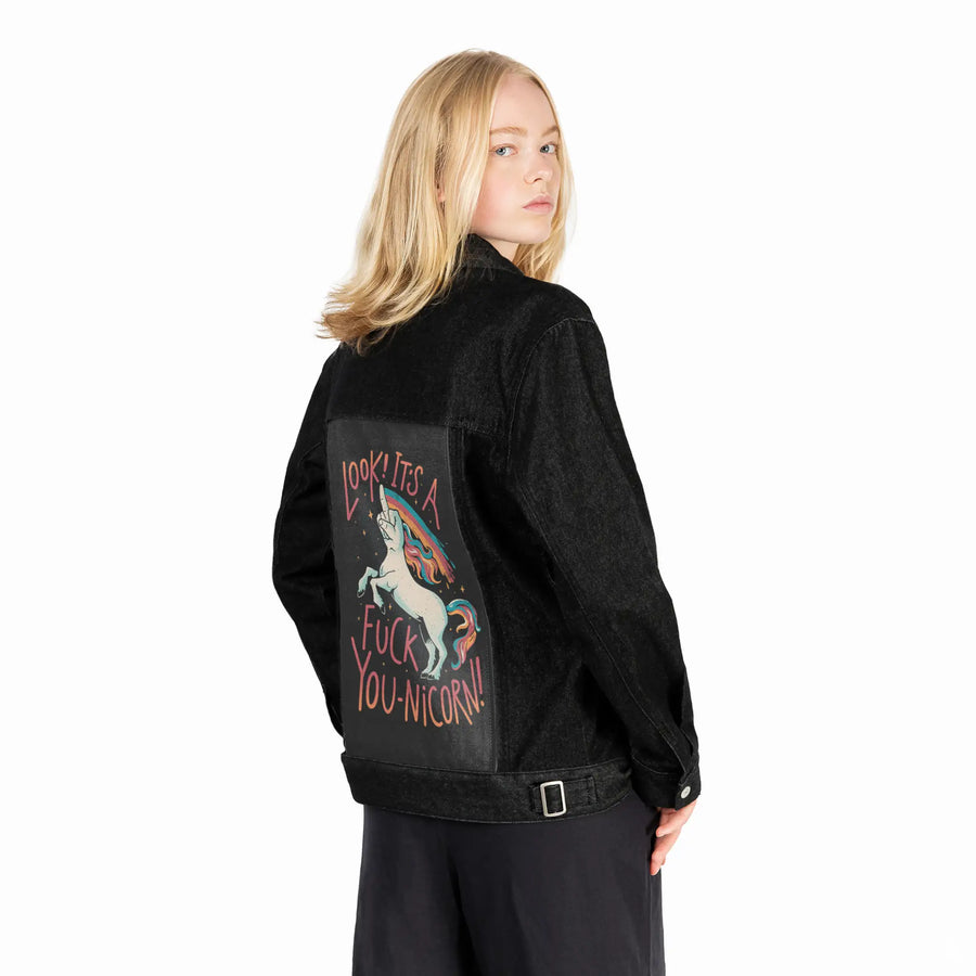 fyouunicorn patch on female og denim jacket in raven