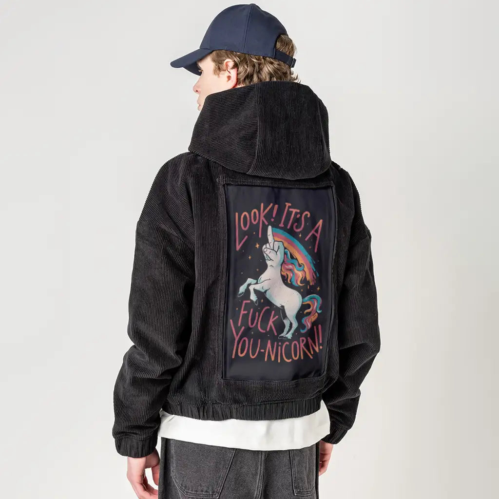 fyouunicorn patch on male retro cord hoodie in onyx