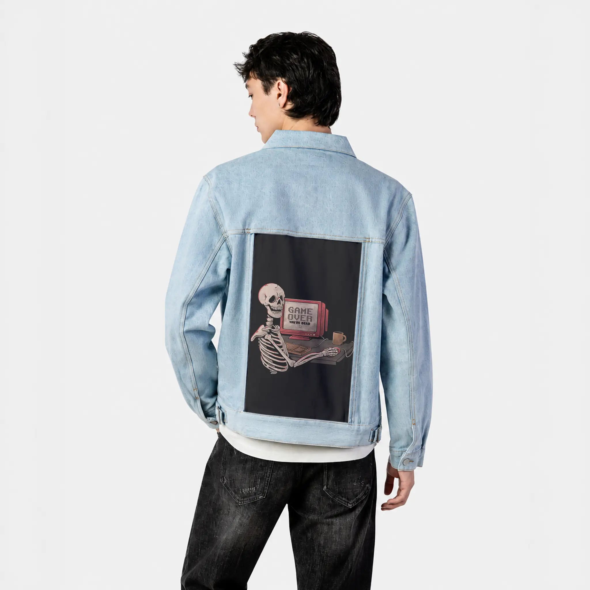 gameoverskull patch on male og denim jacket in oceanside