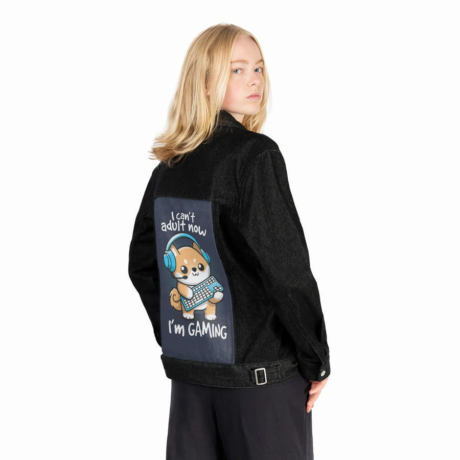 gameradult patch on female og denim jacket in raven