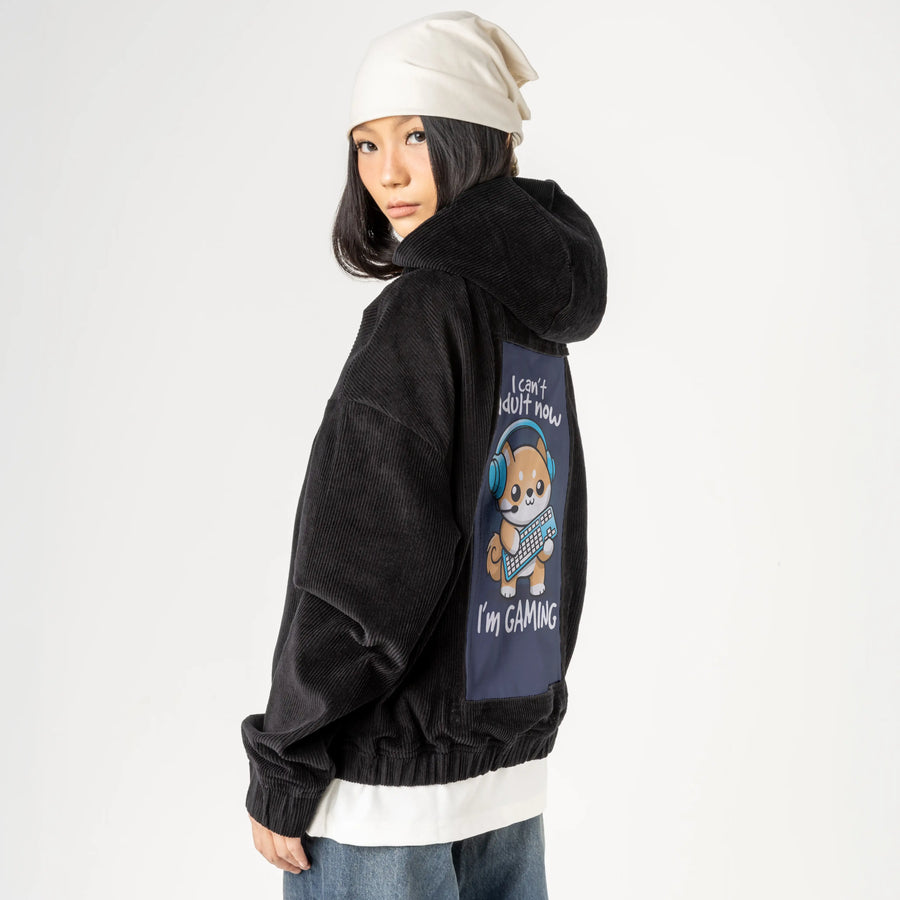 gameradult patch on female retro cord hoodie in onyx