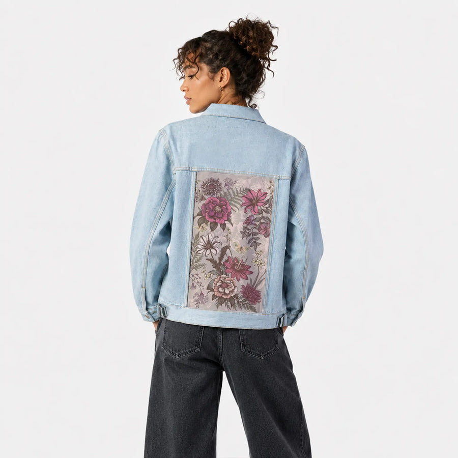gardenflorals patch on female og denim jacket in oceanside