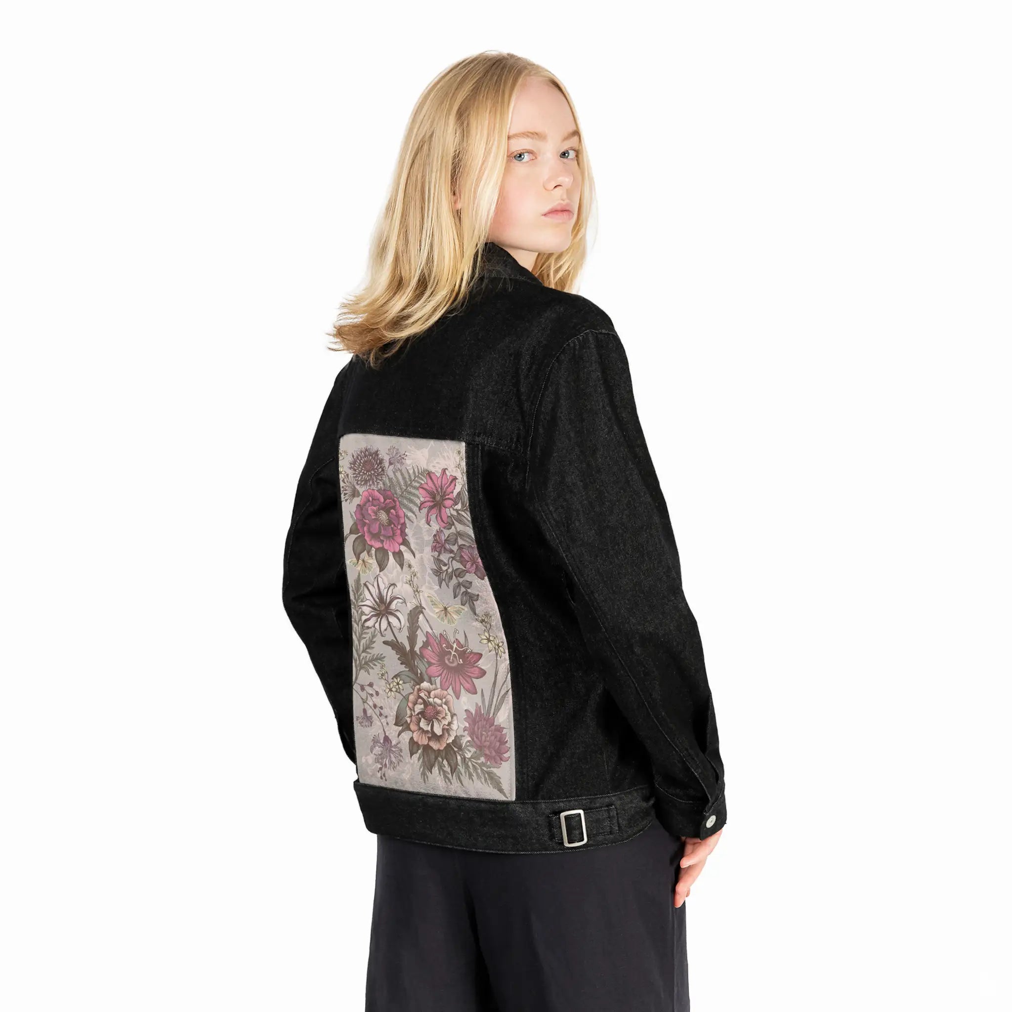 gardenflorals patch on female og denim jacket in raven